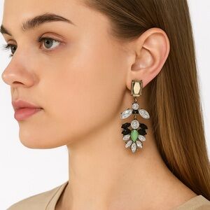 Gold-Tone Beaded Chandelier Earrings Green and Crystal-Like Beads